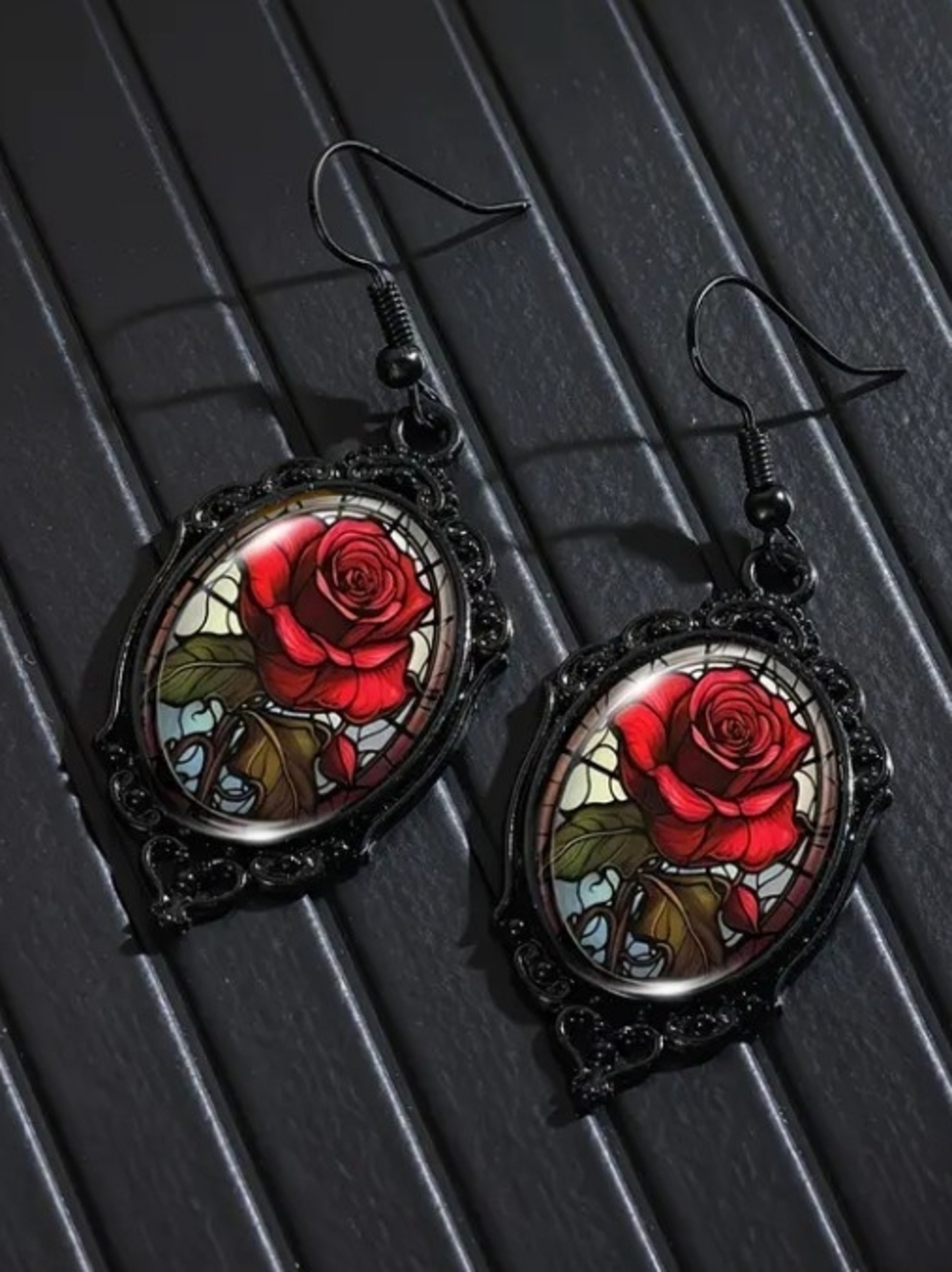 Vintage Black Frame Red Rose Drop Earrings - Picture 4 of 4